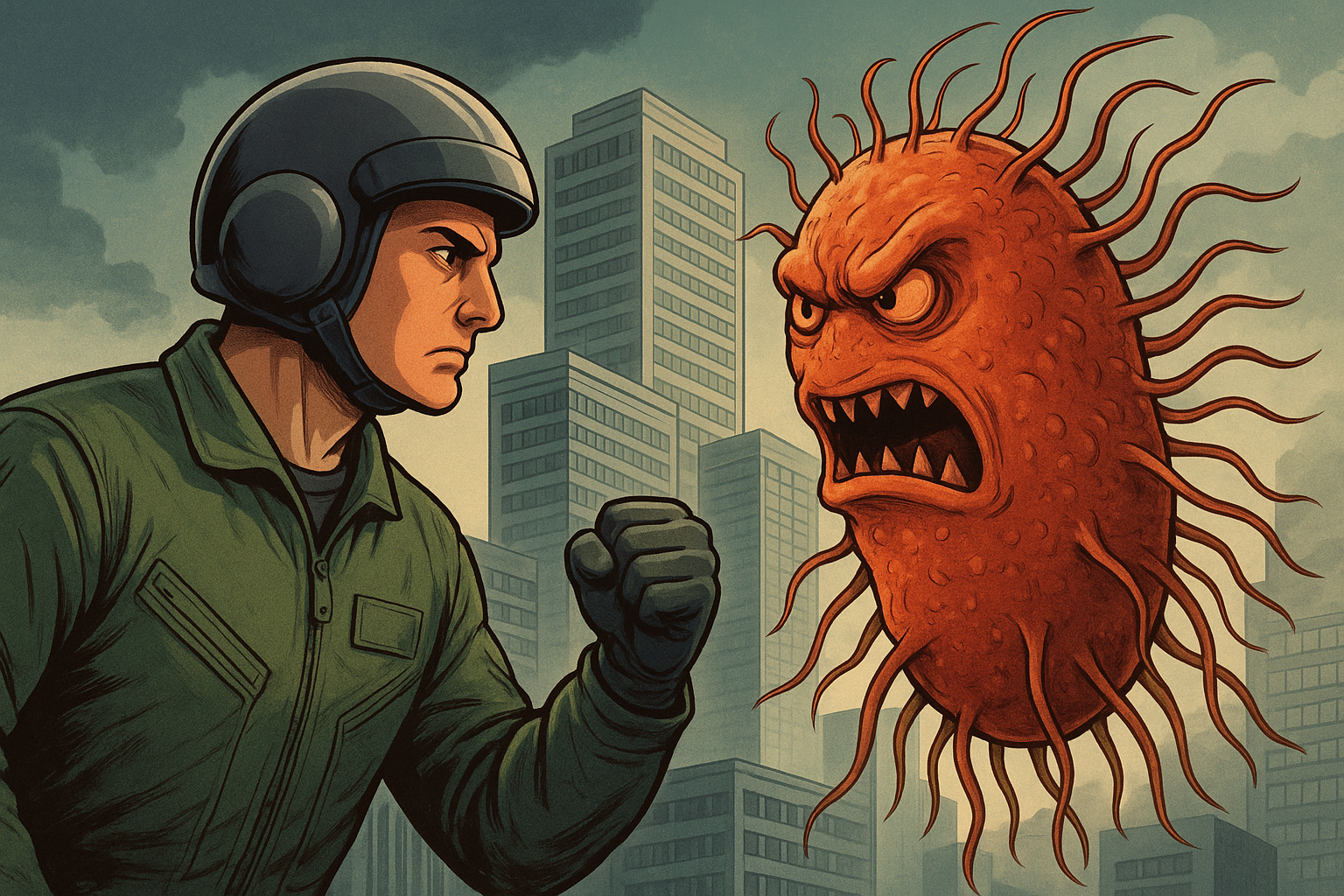 Mission driven A Legionnaires' TOP GUN facing the Legionella bacteria with buildings in the back ground
